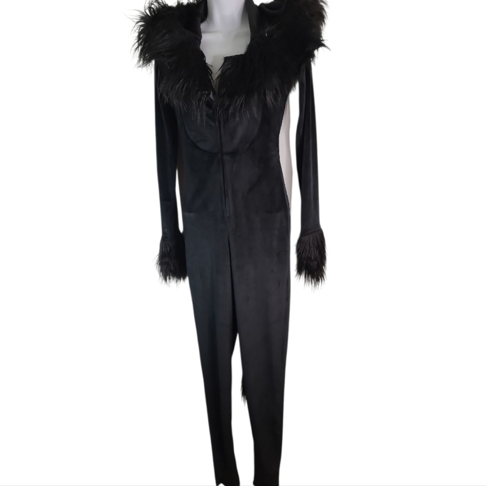Halloween Sexy Black Cat Cosplay Jumpsuit Costume with Fur Accents SM New